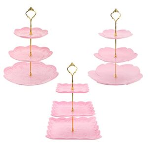 tosnail 3 pack 3 tiers plastic cupcake stand dessert stand tiered serving trays with gold rod candy pastry holders for baby shower, wedding and party - pink