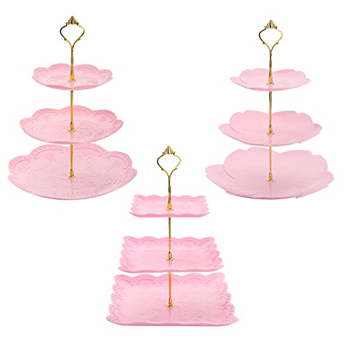 Tosnail 3 Pack 3 Tiers Plastic Cupcake Stand Dessert Stand Tiered Serving Trays with Gold Rod Candy Pastry Holders for Baby Shower, Wedding and Party - Pink