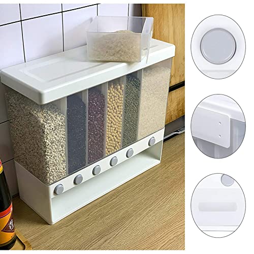 Fetcoi White Wall Mount Dry Food Dispenser, 6-In-1 Rice Coffee Bean Dispenser Wall Cereal Dispenser Countertop, 22lbs Capacity
