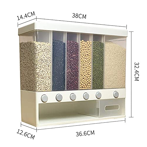 Fetcoi White Wall Mount Dry Food Dispenser, 6-In-1 Rice Coffee Bean Dispenser Wall Cereal Dispenser Countertop, 22lbs Capacity