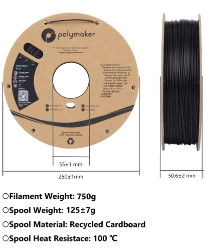 Polymaker Tough PC Filament 1.75mm, Black Polycarbonate Filament 1.75mm 750g Cardboard Spool - PolyMax PC Filament 3D Printer Polycarbonate Filament PC, Tough & High Heat Resistant Black PC Filament