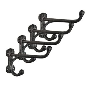 sungmor 4pc rustic cast iron wall hooks, up & down double hook design, vintage farmhouse wall mounted hangers, decorative wood board hooks, large metal hooks for hanging coats, keys, towels, robes