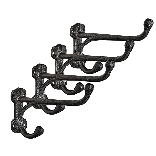 Sungmor 4PC Rustic Cast Iron Wall Hooks, Up & Down Double Hook Design, Vintage Farmhouse Wall Mounted Hangers, Decorative Wood Board Hooks, Large Metal Hooks for Hanging Coats, Keys, Towels, Robes