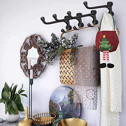 Sungmor 4PC Rustic Cast Iron Wall Hooks, Up & Down Double Hook Design, Vintage Farmhouse Wall Mounted Hangers, Decorative Wood Board Hooks, Large Metal Hooks for Hanging Coats, Keys, Towels, Robes