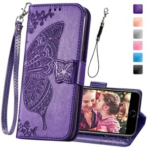 krhgeik wallet case for iphone se 2020/se 2022/iphone 8/iphone 7,women butterfly embossed pu leather stand card slots wrist strap flip folio cover for iphone 6/6s/7/8/se 2nd/se 3rd gen (purple)
