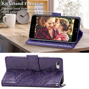 KRHGEIK Wallet Case for iPhone SE 2020/SE 2022/iPhone 8/iPhone 7,Women Butterfly Embossed PU Leather Stand Card Slots Wrist Strap Flip Folio Cover for iPhone 6/6S/7/8/SE 2nd/SE 3rd Gen (Purple)