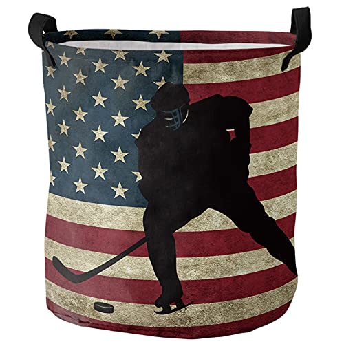 Laundry Hamper, Hockey Sport Theme Athlete Rustic American Flag Collapsible Clothes Hamper with Handles Water Repellent Freestanding Storage Basket for Clothes Toys