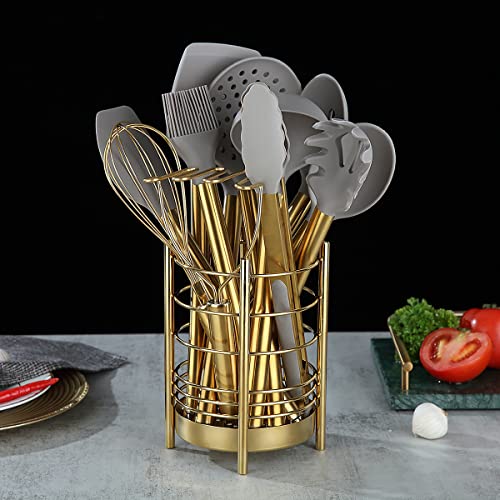 Gold Kitchen Utensil Holder for Kitchen Counter, Stainless Steel Utensil Crocks, Gold Titanium Coating Utensil Storage Caddy Organizer, Cooking Utensil Holder, Easy Cleaning (Gold/7.4''x5.2'')