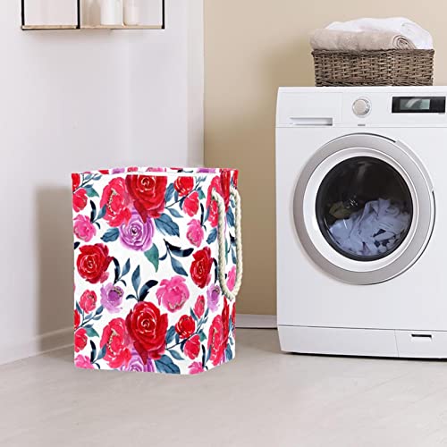 Inhomer Red Floral Pattern Large Laundry Hamper Waterproof Collapsible Clothes Hamper Basket for Clothing Toy Organizer, Home Decor for Bedroom Bathroom