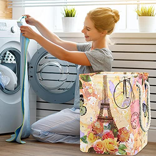 Inhomer Vintage Paris Eiffel Tower Rose Butterfly Large Laundry Hamper Waterproof Collapsible Clothes Hamper Basket for Clothing Toy Organizer, Home Decor for Bedroom Bathroom