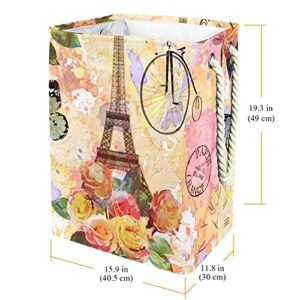 Inhomer Vintage Paris Eiffel Tower Rose Butterfly Large Laundry Hamper Waterproof Collapsible Clothes Hamper Basket for Clothing Toy Organizer, Home Decor for Bedroom Bathroom