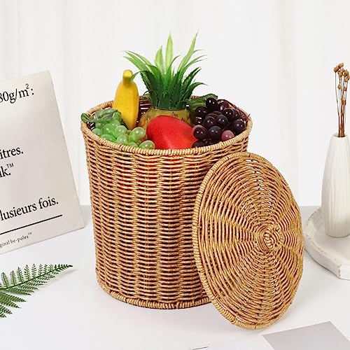 Woven Basket Trash Can Storage: Wastebasket Garbage Bin with Lid Rubbish Paper Storage Container for Home Bathroom Kitchens Laundry Utility Rooms