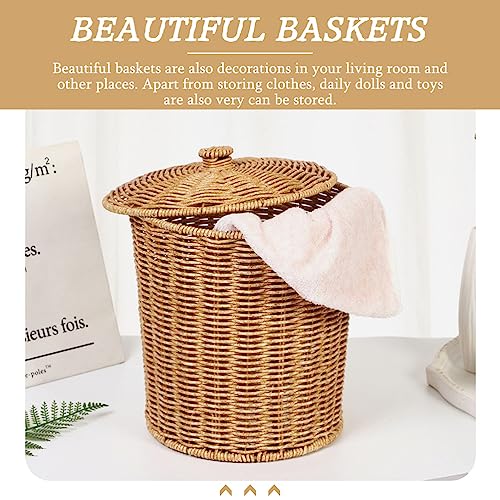 Woven Basket Trash Can Storage: Wastebasket Garbage Bin with Lid Rubbish Paper Storage Container for Home Bathroom Kitchens Laundry Utility Rooms