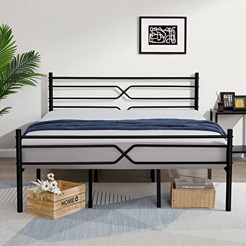 GreenForest Full Size Bed Frame with Headboard Metal Platform Bed with Reinforced 14 Legs Heavy Duty Slats Support Mattress Foundation for Girls Boys Adults No Box Spring Needed, Full Black