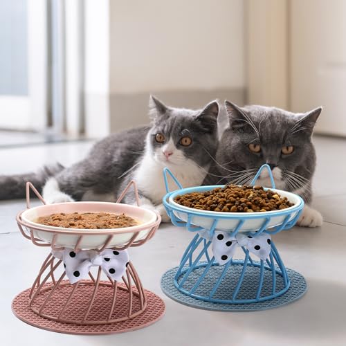 Raised Cat Food Bowl ,Elevated Cat Feeder Bowl Stand, Food & Water Cat Bowl, Shallow Ceramic Cat Dish, Whisker Friendly No Spill Water Bowl for Cats