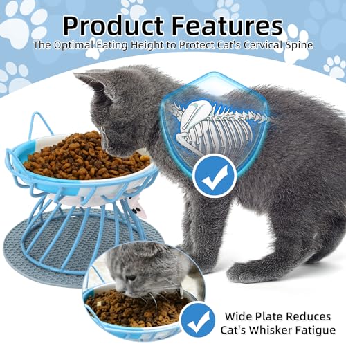 Raised Cat Food Bowl ,Elevated Cat Feeder Bowl Stand, Food & Water Cat Bowl, Shallow Ceramic Cat Dish, Whisker Friendly No Spill Water Bowl for Cats