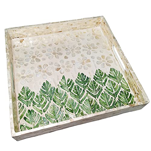 14 Inch Green Beige Mother of Pearl Tray, Large Lacquer Serving Tray with Handles and 2 Inch Wall, Square Shell Ottoman Coffee Table Tray, Decorative Bone Inlay Tray for Food, Accent, S, I-lan (35cm)