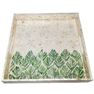 14 Inch Green Beige Mother of Pearl Tray, Large Lacquer Serving Tray with Handles and 2 Inch Wall, Square Shell Ottoman Coffee Table Tray, Decorative Bone Inlay Tray for Food, Accent, S, I-lan (35cm)