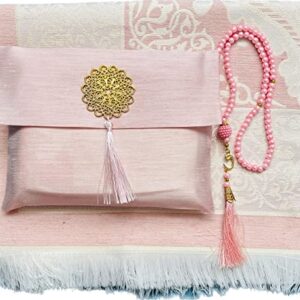 Muslim Prayer Rug and Beads with Elegant Slub Fabric Bag | Janamaz | Sajadah | Soft Islamic Prayer Rug | Islamic & Mawlid Gifts | Prayer Carpet Mat, Taffeta Fabric (Pink, 1 Sets)