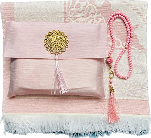 Muslim Prayer Rug and Beads with Elegant Slub Fabric Bag | Janamaz | Sajadah | Soft Islamic Prayer Rug | Islamic & Mawlid Gifts | Prayer Carpet Mat, Taffeta Fabric (Pink, 1 Sets)