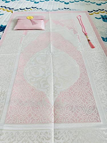 Muslim Prayer Rug and Beads with Elegant Slub Fabric Bag | Janamaz | Sajadah | Soft Islamic Prayer Rug | Islamic & Mawlid Gifts | Prayer Carpet Mat, Taffeta Fabric (Pink, 1 Sets)