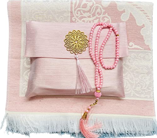 Muslim Prayer Rug and Beads with Elegant Slub Fabric Bag | Janamaz | Sajadah | Soft Islamic Prayer Rug | Islamic & Mawlid Gifts | Prayer Carpet Mat, Taffeta Fabric (Pink, 1 Sets)