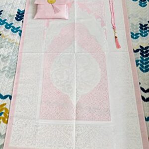 Muslim Prayer Rug and Beads with Elegant Slub Fabric Bag | Janamaz | Sajadah | Soft Islamic Prayer Rug | Islamic & Mawlid Gifts | Prayer Carpet Mat, Taffeta Fabric (Pink, 1 Sets)