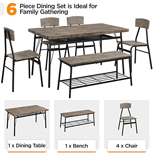 Yaheetech 6-Piece Dining Table Chair Bench Set - Farmhouse & Modern Breakfast Table & Chairs Sets w/Premium Materials & Sturdy Steel Frame for Home, Kitchen, Dining Room, Sunroom