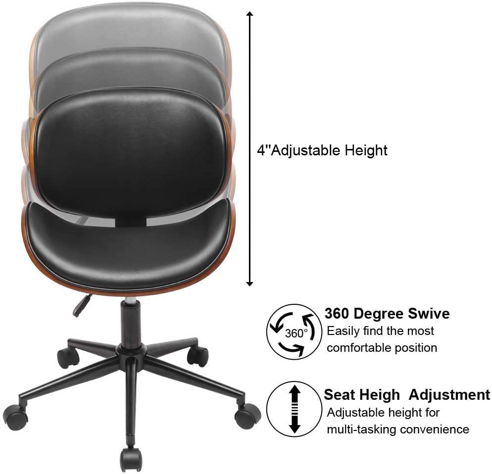 AWQM Home Office Desk Chair, Executive Computer Bentwood Office Chair,Swivel Executive Chair with Faux Leather and Chrome Finish,Adjustable Heigh Computer Chair with 360° Swivel Wheels,Brown