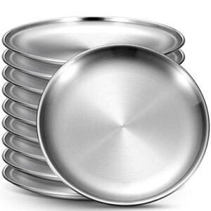 10 Pcs 18/8 Stainless Steel Plate 304 Stainless Steel Dishes 8 Inches Adult Plates Reusable Camping Plates Dishwasher Safe Feeding Serving Flat Plate Double Layers Round Dessert Plate (Silver)