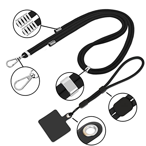 Lousrnman Cell Phone Lanyard, Universal 2× Crossbody Lanyard for Women, 2× Wrist Phone Strap and 5× Connectors Compatible with Most Phones (Black Black)