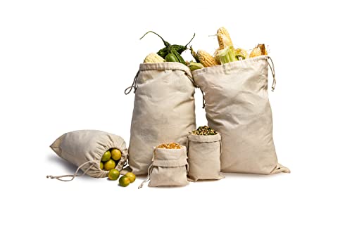 Set of 6 (3+3) Muslin Natural Cotton Bags with Drawstring - (12x16, 14x17 Inches) 100% Organic Cotton used for Everyday Storage Grocery, Dust Cover, Shopping, Gift, Shoe