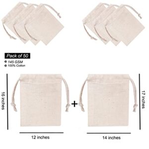 Set of 6 (3+3) Muslin Natural Cotton Bags with Drawstring - (12x16, 14x17 Inches) 100% Organic Cotton used for Everyday Storage Grocery, Dust Cover, Shopping, Gift, Shoe