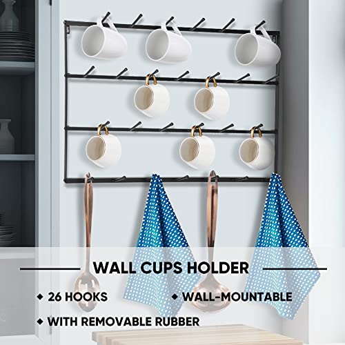 Wall Mount Coffee Mug Holder, Wrought Iron Coffee Tea Cup Hanging Rack Display Organizer Space Saving Mug Hanger with 30 Hooks for Home Kitchen Farmhouse Storage and Collection(4 Tier)