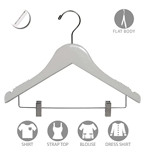 12 inch Kids Wooden Hanger with Clips 25 Pack, Children Toddler Non-Slip Shoulder Solid Wood Shirt Pants Coat Hangers, White Finish