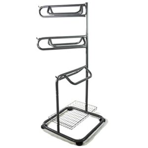 3 tier saddle rack for english or western saddles, features accessory basket and tack hooks, grey - backyard expressions