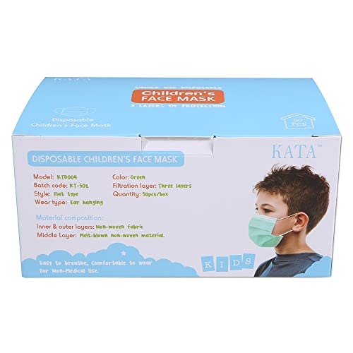 KATA 3-Ply Pleated Disposable Children's Face Masks, One Size, Green, Box Of 50 Masks