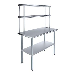 24" x 48" stainless steel work table with 12" wide double tier overshelf | metal kitchen prep table & shelving combo