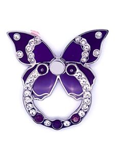 butterfly shaped cell phone ring holder, 360° rotation collapsible grip compatible with all apple and android devices (black/purple)