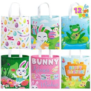 joyin 12 pcs easter tote bags, 17"x15" canvas creamed tone gift kraft treat goodie reusable grocery bags and basket with handles for easter egg hunt party favors