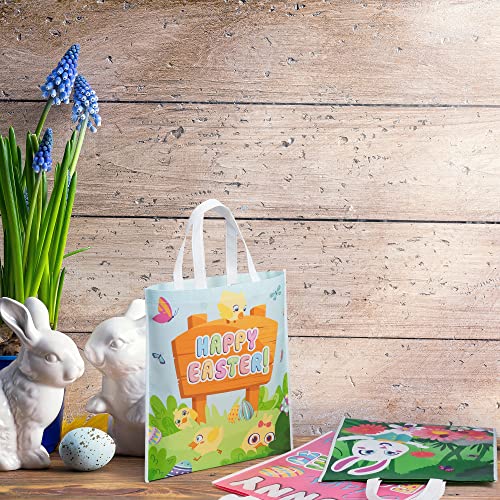 JOYIN 12 Pcs Easter Tote Bags, 17"x15" Canvas Creamed Tone Gift Kraft Treat Goodie Reusable Grocery Bags and Basket with Handles for Easter Egg Hunt Party Favors