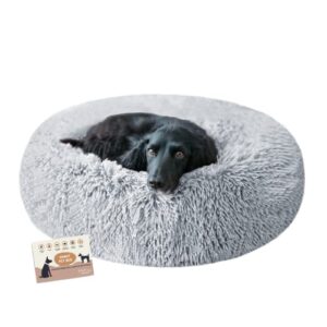 blush paws extra calming cozy round donut pet bed - anti anxiety for cats & dogs. orthopedic, self-warming shag or lux fur with nonslip bottom, soft, machine washable (medium 32", frost)