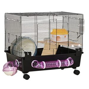 pawhut 2-tier hamster cage, small animal habitat for rats, gerbils, mesh wire ventilated enclosure with exercise wheel, water bottle, and food dishes
