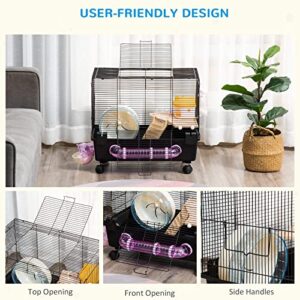 PawHut 2-Tier Hamster Cage, Small Animal Habitat for Rats, Gerbils, Mesh Wire Ventilated Enclosure with Exercise Wheel, Water Bottle, and Food Dishes