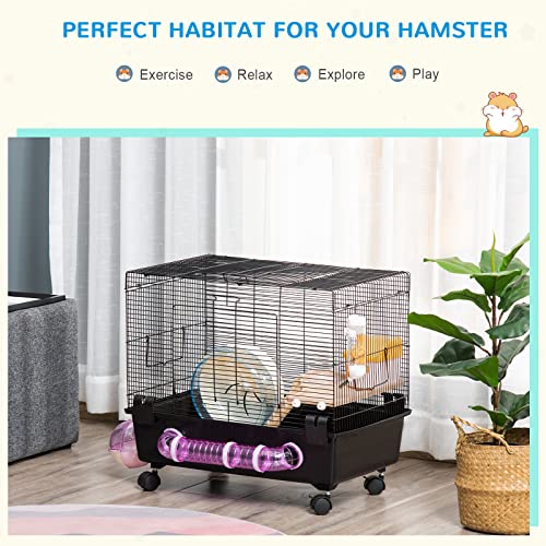 PawHut 2-Tier Hamster Cage, Small Animal Habitat for Rats, Gerbils, Mesh Wire Ventilated Enclosure with Exercise Wheel, Water Bottle, and Food Dishes