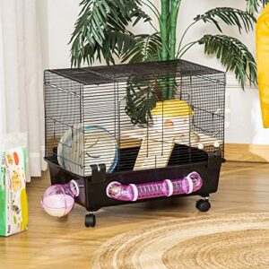 PawHut 2-Tier Hamster Cage, Small Animal Habitat for Rats, Gerbils, Mesh Wire Ventilated Enclosure with Exercise Wheel, Water Bottle, and Food Dishes