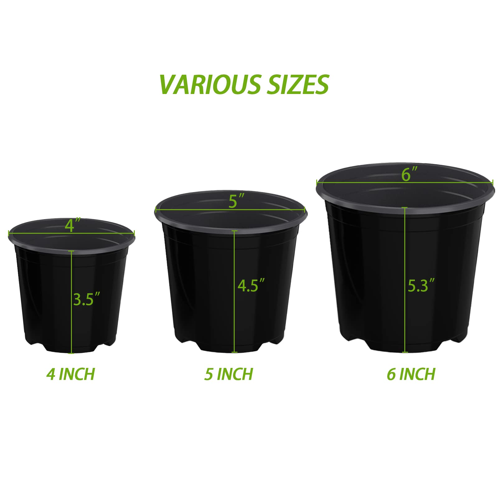 UPMCT 4 5 6 Inch Nursery Pots Variety Pack, 24 Packs Round Flower Pots Decorative Plastic Pots for Plants with Drainage Hole Seed Starting Pots for Seeding, Succulent(4+5+6 Inch, Black)