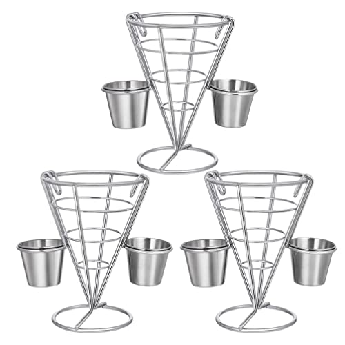 Angoily 3PCS Metal French Fries Stand Cone, Wire French Fry Serving Basket with 2 Sauce Dipper for Snack Fried Chicken Display for Party Restaurant Bar Picnics and Outdoor Events