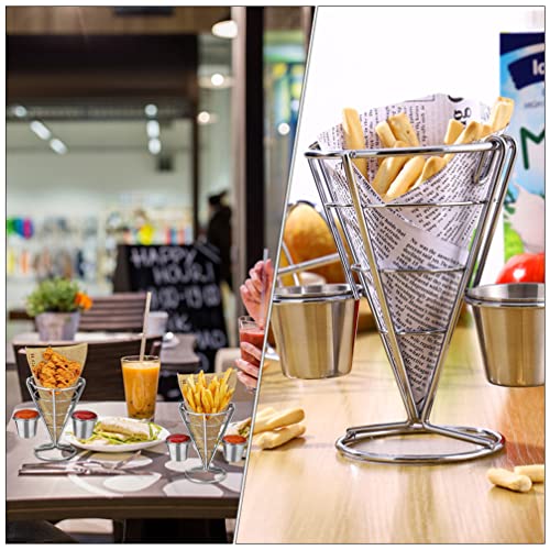 Angoily 3PCS Metal French Fries Stand Cone, Wire French Fry Serving Basket with 2 Sauce Dipper for Snack Fried Chicken Display for Party Restaurant Bar Picnics and Outdoor Events
