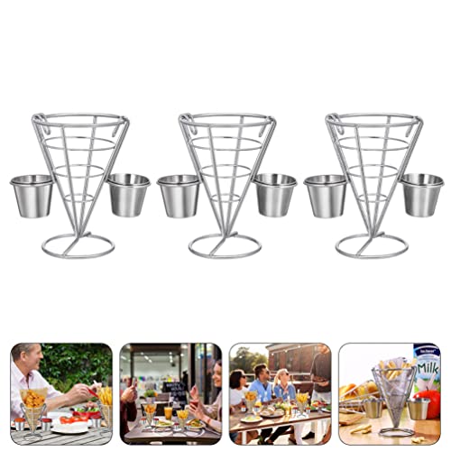 Angoily 3PCS Metal French Fries Stand Cone, Wire French Fry Serving Basket with 2 Sauce Dipper for Snack Fried Chicken Display for Party Restaurant Bar Picnics and Outdoor Events